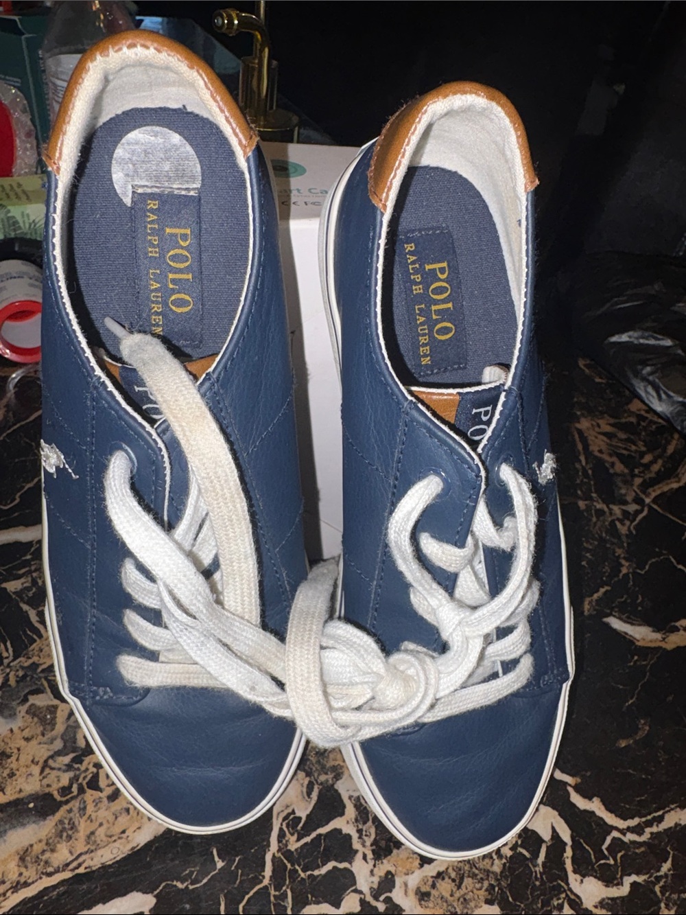 Polo by Ralph Lauren Navy Leather Low-Top Sneakers with White Laces size 3